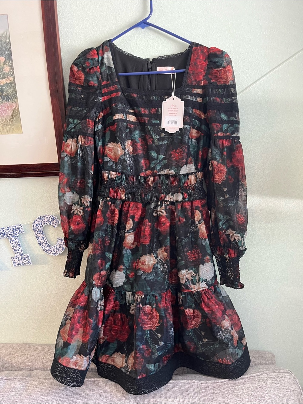 Floral Smocked Waist Women’s Dress - Red & Green Floral - Evangeline Dress